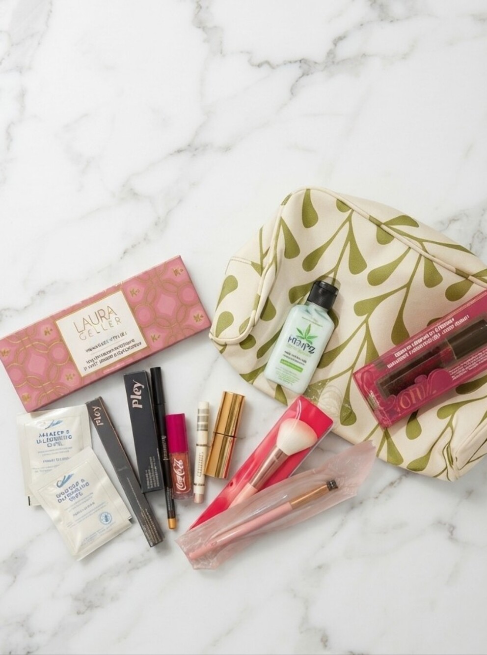 NWOT Laura Geller Pink Eyeshadow Palette with Green Cosmetic Bag, Pley, Etc.